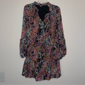 Vince Camuto Colorful Floral Long Sleeve Layered V Neck Short M Dress
